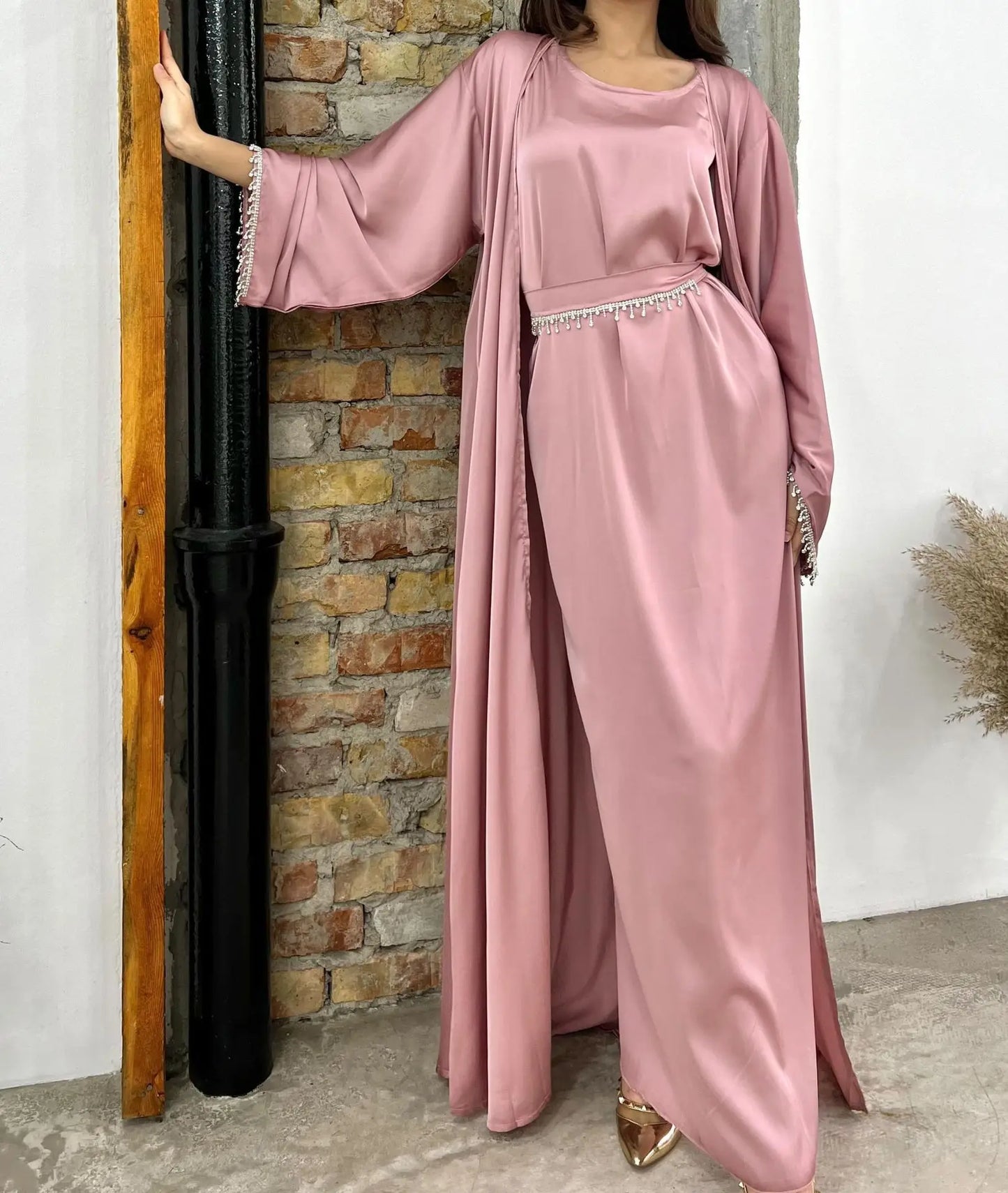 Satin Abaya 2 Pieces Set Solid Color Abayas Beige Simple Kaftan Dubai 2024 Luxury Caftan Islamic Outfits For Women Vestidos