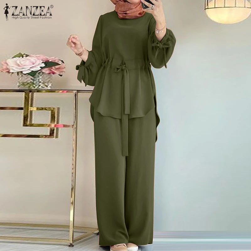 Fashion Women Long Sleeve Blouse Pant Suits 2024 ZANZEA 2PCS Autumn Muslim Sets Fashion Abaya Hijab Tracksuits IsIamic Clothing