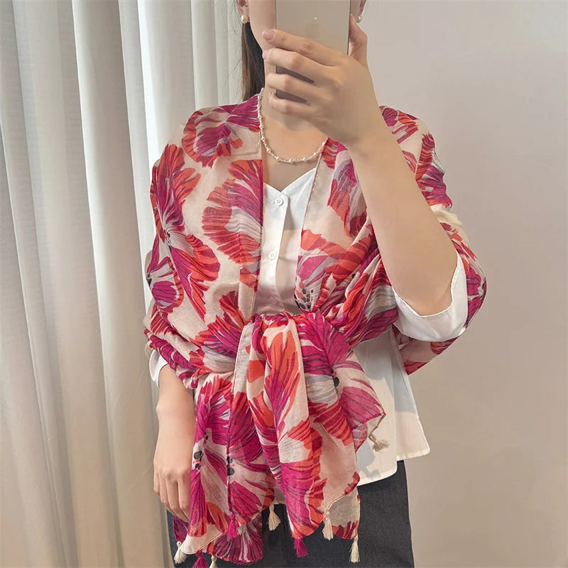 2024 Autumn Fashion Poppy Floral Tassel Viscose Shawl Scarf Lady High Quality Wrap Pashmina Stole Bufandas Muslim Hijab 180*90Cm