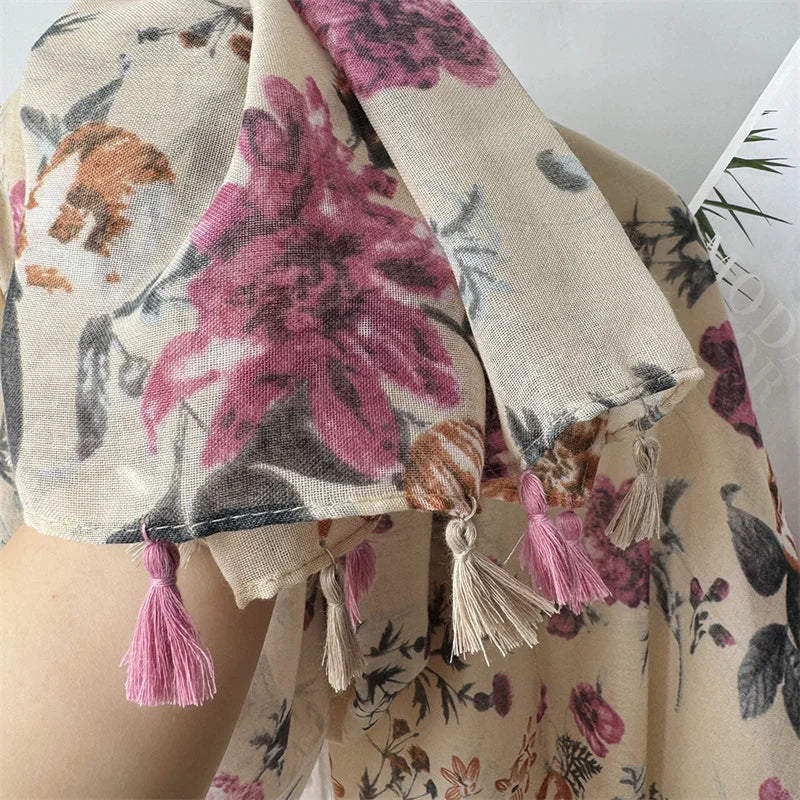 2024 Autumn Fashion Poppy Floral Tassel Viscose Shawl Scarf Lady High Quality Wrap Pashmina Stole Bufandas Muslim Hijab 180*90Cm