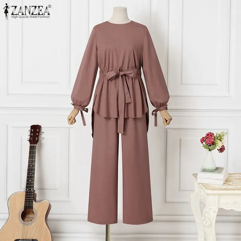 Fashion Women Long Sleeve Blouse Pant Suits 2024 ZANZEA 2PCS Autumn Muslim Sets Fashion Abaya Hijab Tracksuits IsIamic Clothing