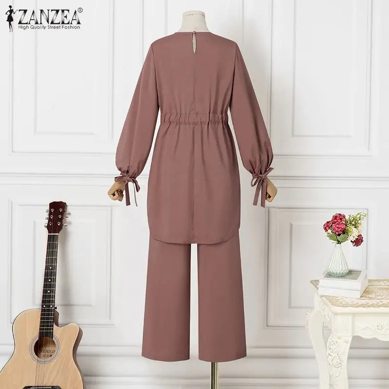 Fashion Women Long Sleeve Blouse Pant Suits 2024 ZANZEA 2PCS Autumn Muslim Sets Fashion Abaya Hijab Tracksuits IsIamic Clothing