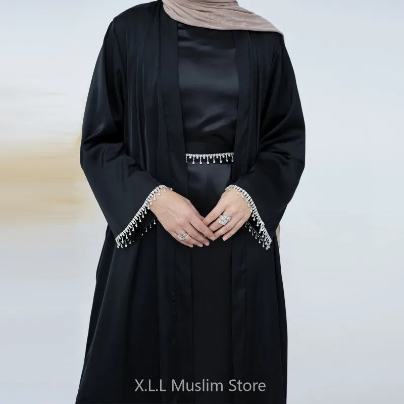 Satin Abaya 2 Pieces Set Solid Color Abayas Beige Simple Kaftan Dubai 2024 Luxury Caftan Islamic Outfits For Women Vestidos