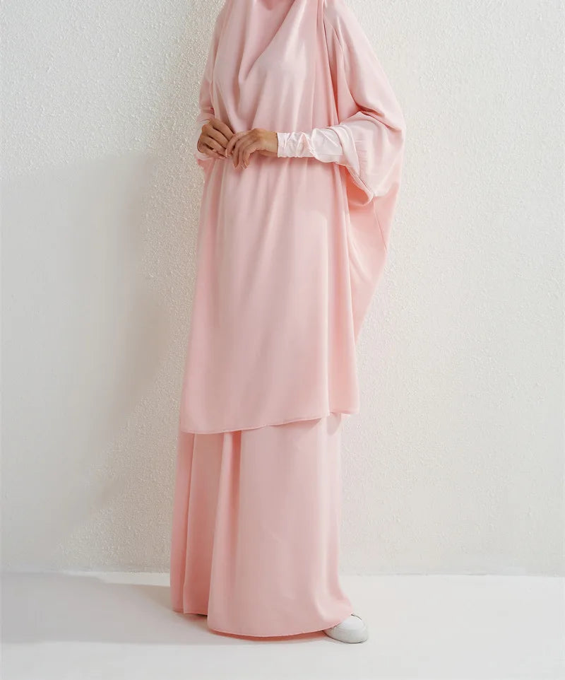 Women Eid Muslim Sets Ramadan Morocco Two Pieces Arab Dubai Kaftan Musulman Ensemble Abayas Solid Color Modest Long Robe