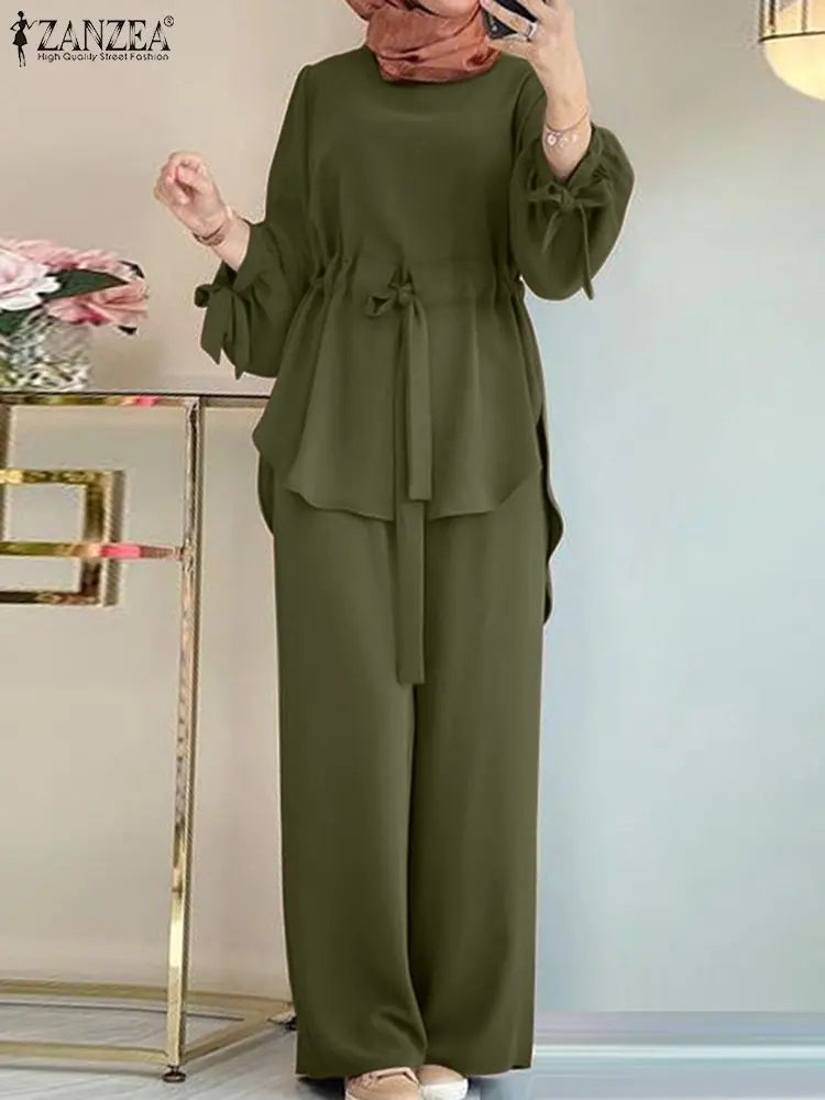 Fashion Women Long Sleeve Blouse Pant Suits 2024 ZANZEA 2PCS Autumn Muslim Sets Fashion Abaya Hijab Tracksuits IsIamic Clothing