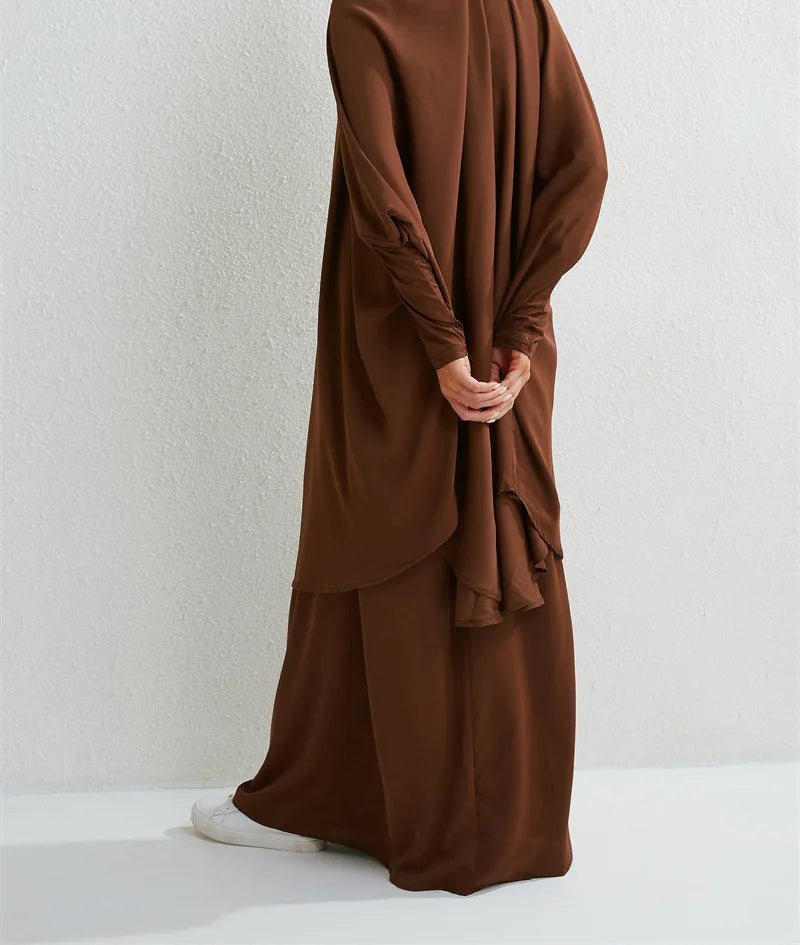 Women Eid Muslim Sets Ramadan Morocco Two Pieces Arab Dubai Kaftan Musulman Ensemble Abayas Solid Color Modest Long Robe