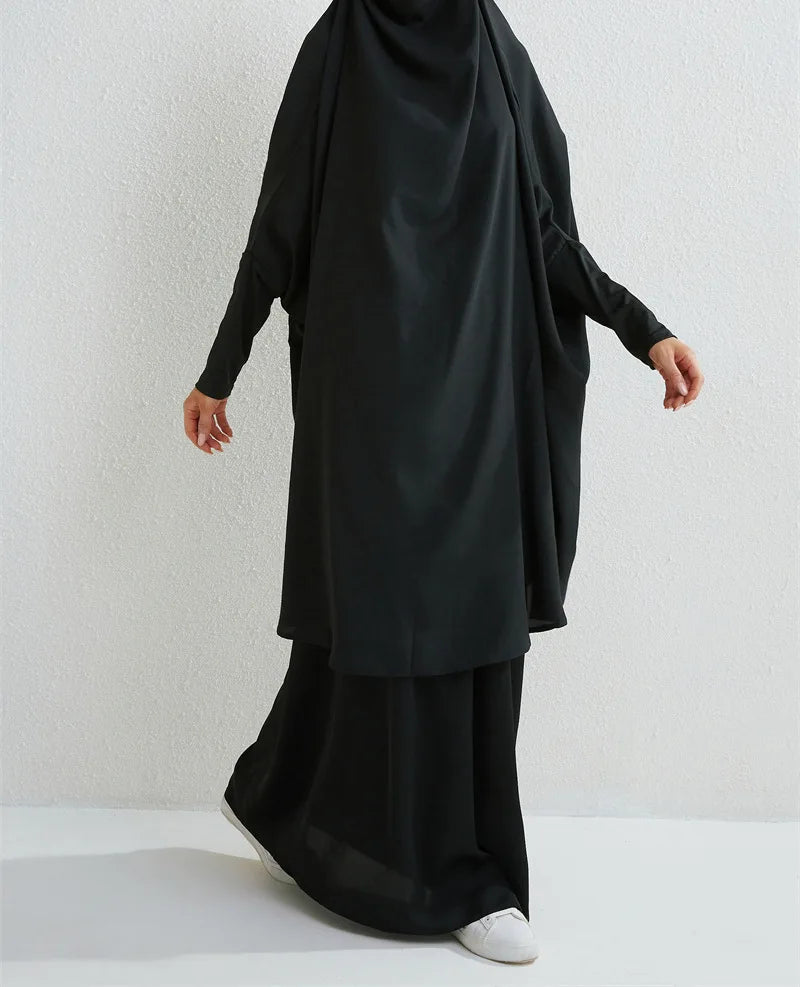 Women Eid Muslim Sets Ramadan Morocco Two Pieces Arab Dubai Kaftan Musulman Ensemble Abayas Solid Color Modest Long Robe