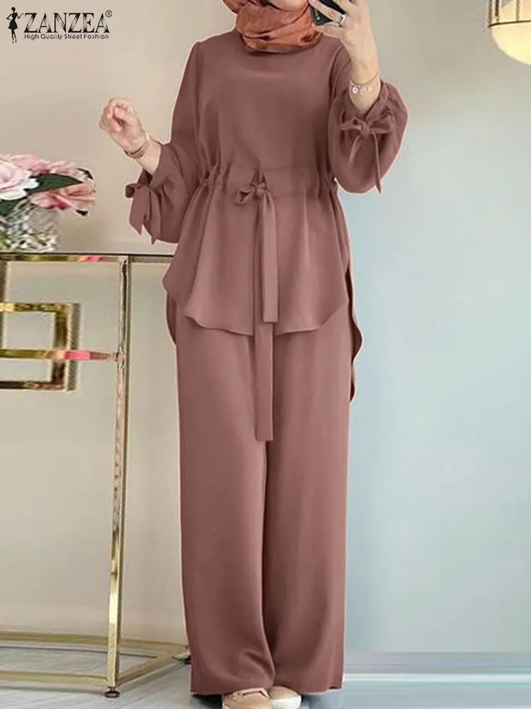 Fashion Women Long Sleeve Blouse Pant Suits 2024 ZANZEA 2PCS Autumn Muslim Sets Fashion Abaya Hijab Tracksuits IsIamic Clothing