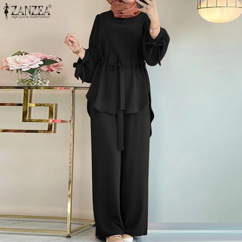 Fashion Women Long Sleeve Blouse Pant Suits 2024 ZANZEA 2PCS Autumn Muslim Sets Fashion Abaya Hijab Tracksuits IsIamic Clothing