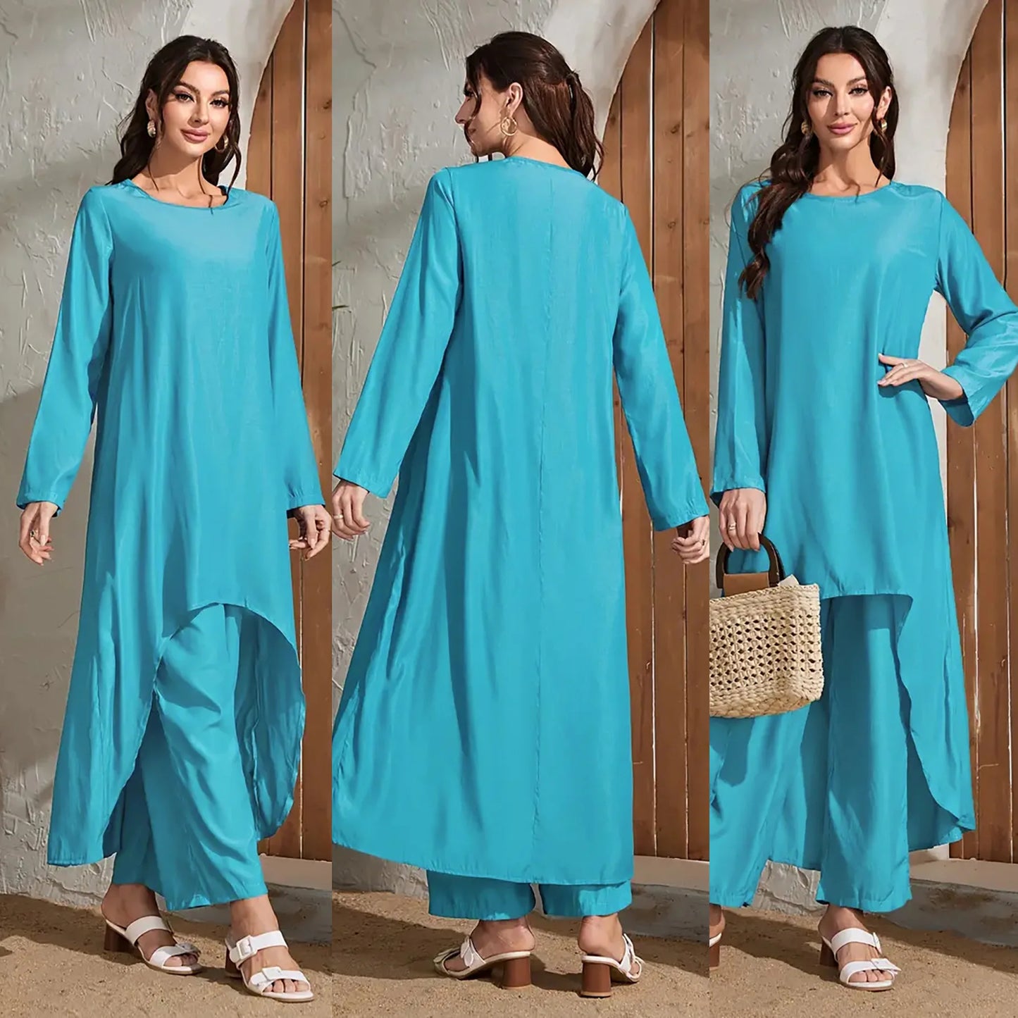 Women Muslim Matching Set Long Tops Wide Leg Pants 2 Pieces Set Suit Turkey Arabic Robe Islam Outfits Dubai Abaya Dress Trousers