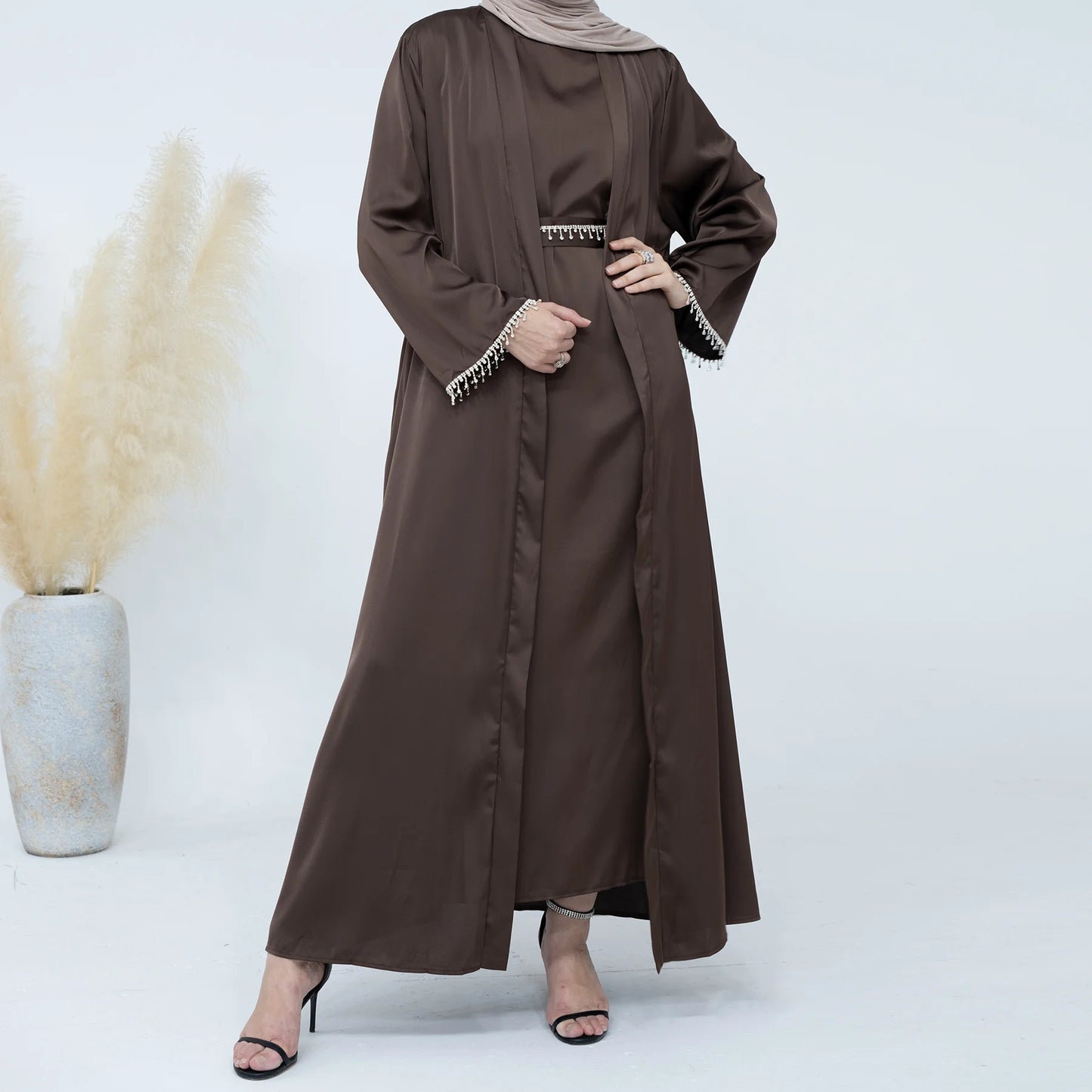 Satin Abaya 2 Pieces Set Solid Color Abayas Beige Simple Kaftan Dubai 2024 Luxury Caftan Islamic Outfits For Women Vestidos