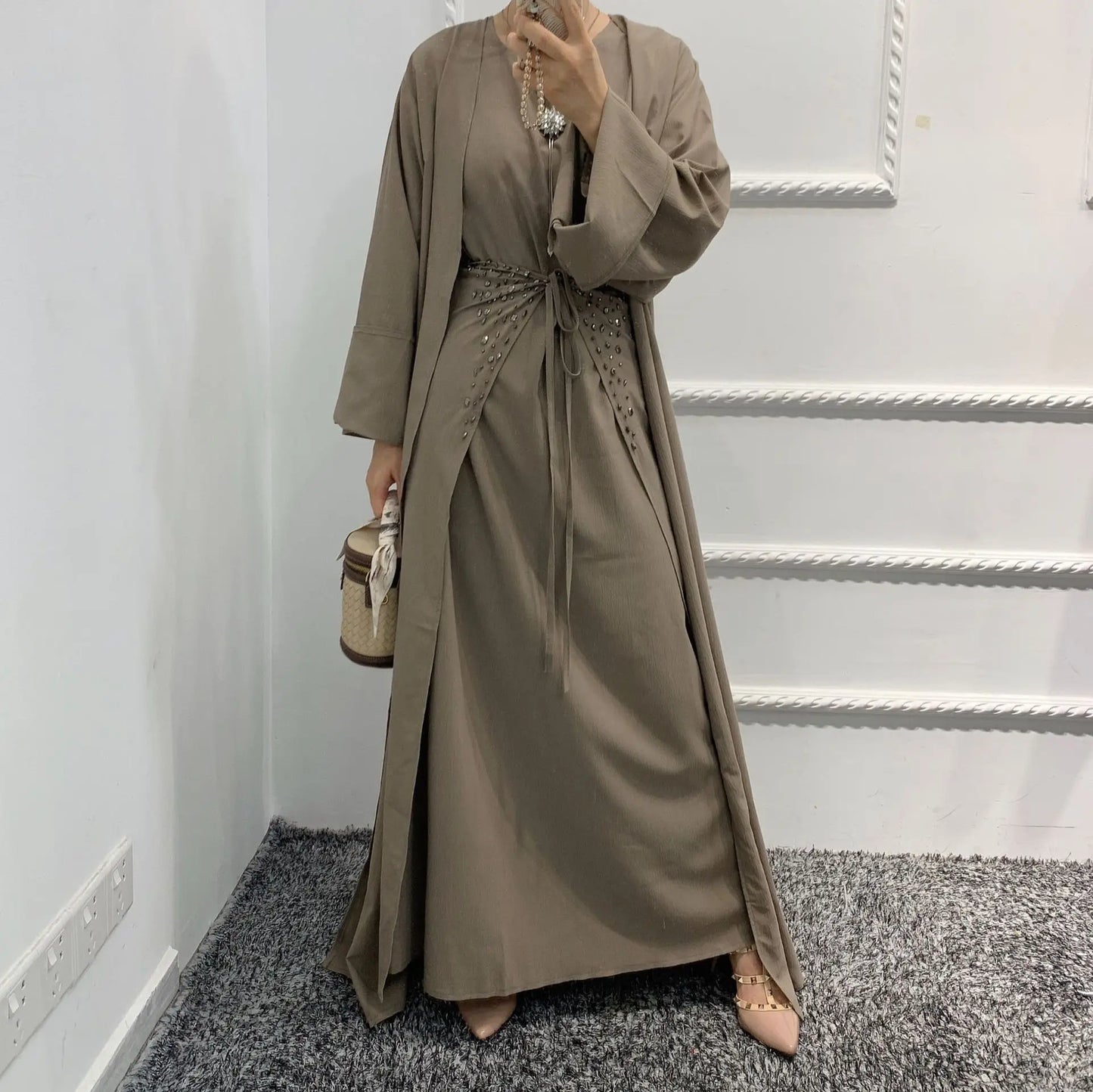 Fashion Muslim Kimono Abaya Cardigan Ramadan Dubai Turkey Eid Dress Sets for Women Islamic 2 Piece Sets Womens Outfits