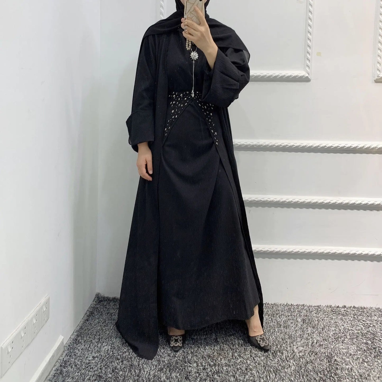 Fashion Muslim Kimono Abaya Cardigan Ramadan Dubai Turkey Eid Dress Sets for Women Islamic 2 Piece Sets Womens Outfits