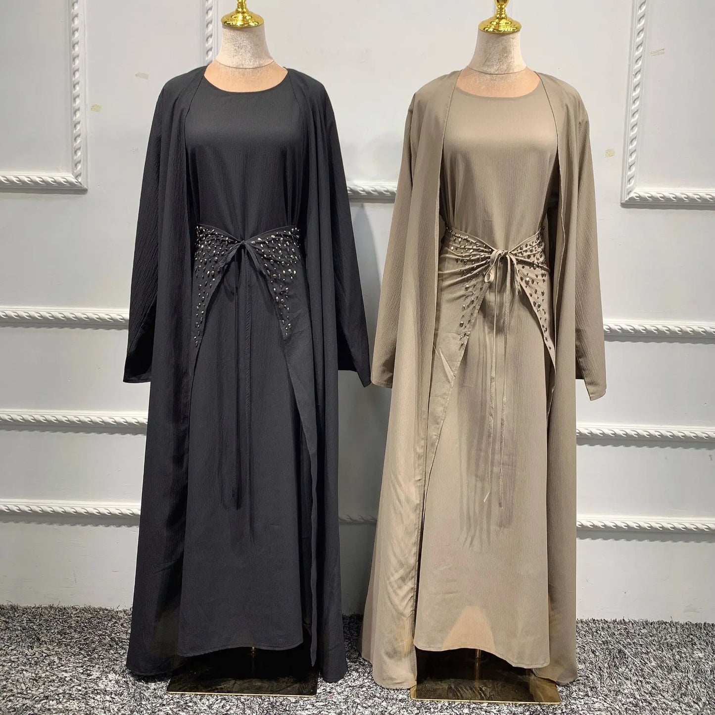 Fashion Muslim Kimono Abaya Cardigan Ramadan Dubai Turkey Eid Dress Sets for Women Islamic 2 Piece Sets Womens Outfits