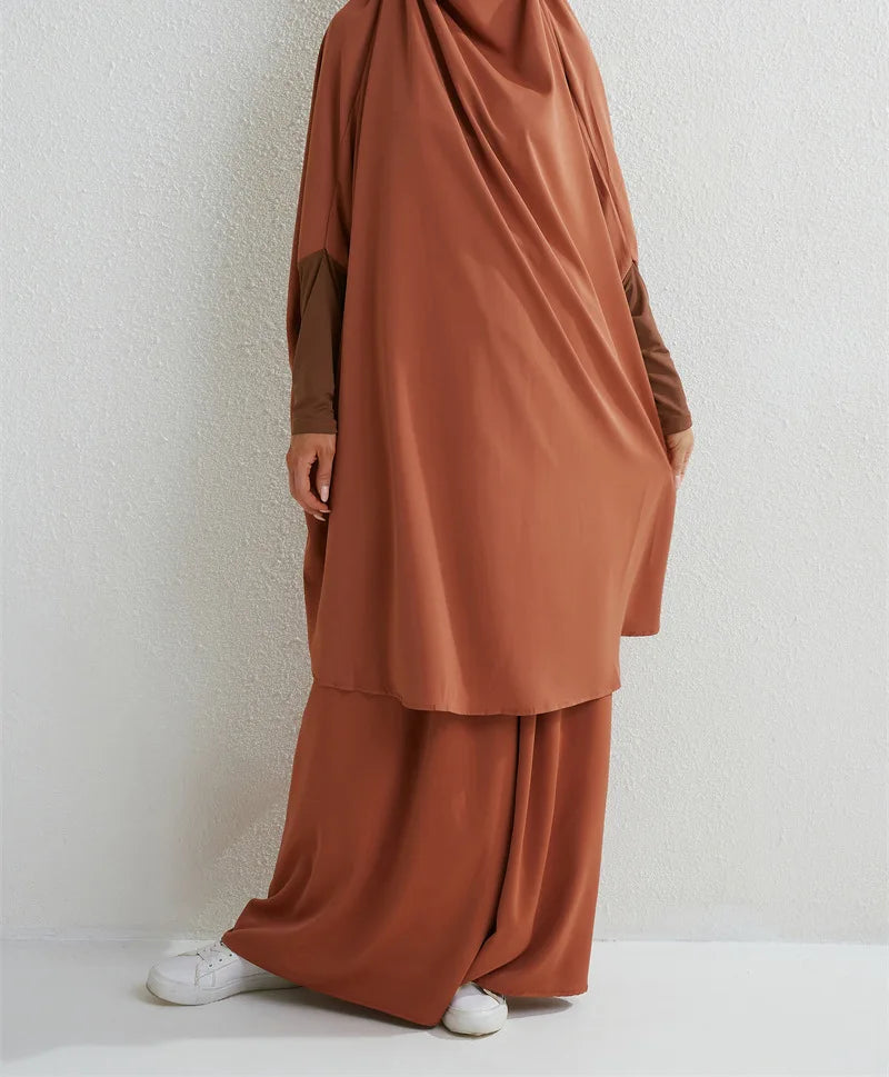 Women Eid Muslim Sets Ramadan Morocco Two Pieces Arab Dubai Kaftan Musulman Ensemble Abayas Solid Color Modest Long Robe