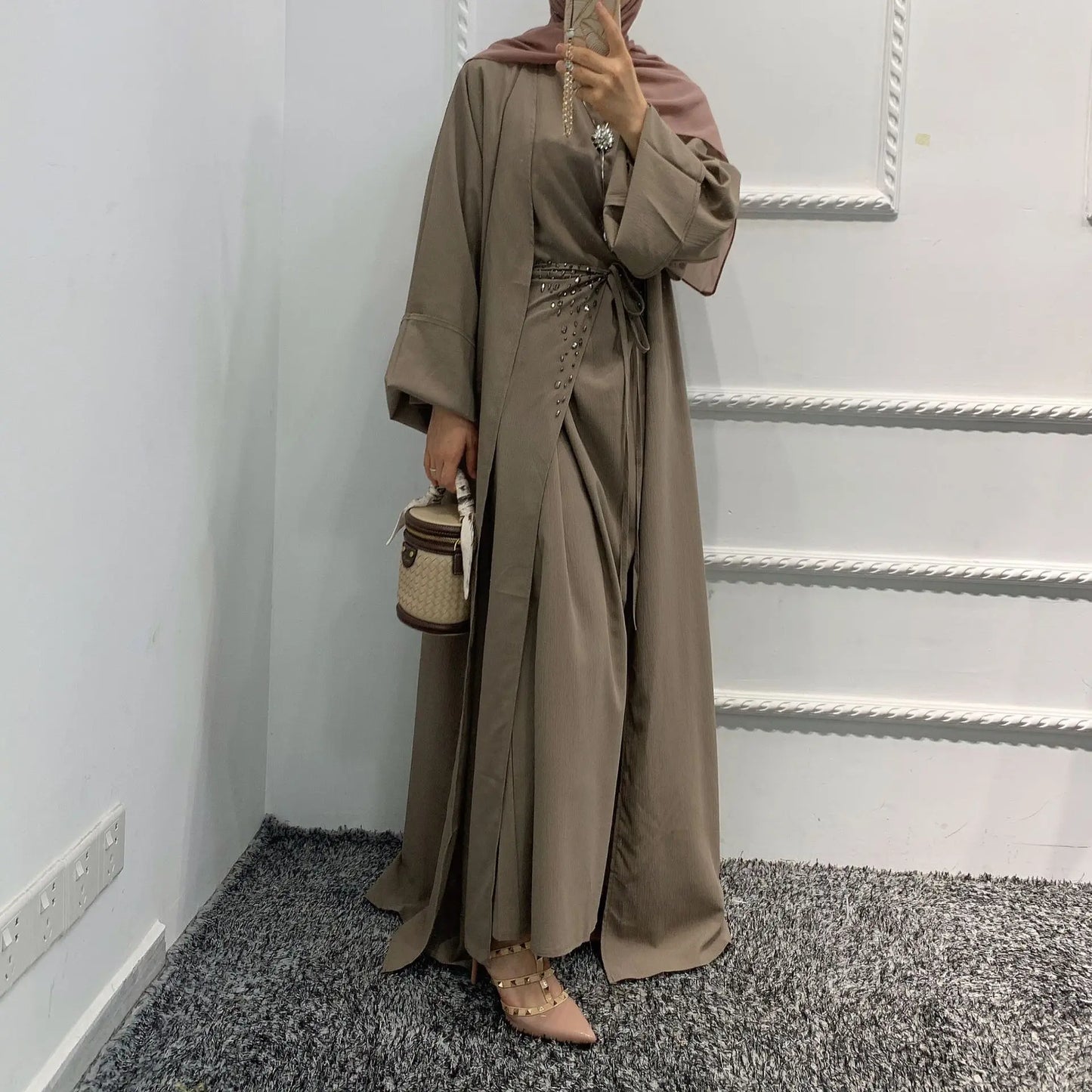 Fashion Muslim Kimono Abaya Cardigan Ramadan Dubai Turkey Eid Dress Sets for Women Islamic 2 Piece Sets Womens Outfits