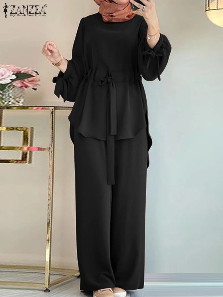 Fashion Women Long Sleeve Blouse Pant Suits 2024 ZANZEA 2PCS Autumn Muslim Sets Fashion Abaya Hijab Tracksuits IsIamic Clothing