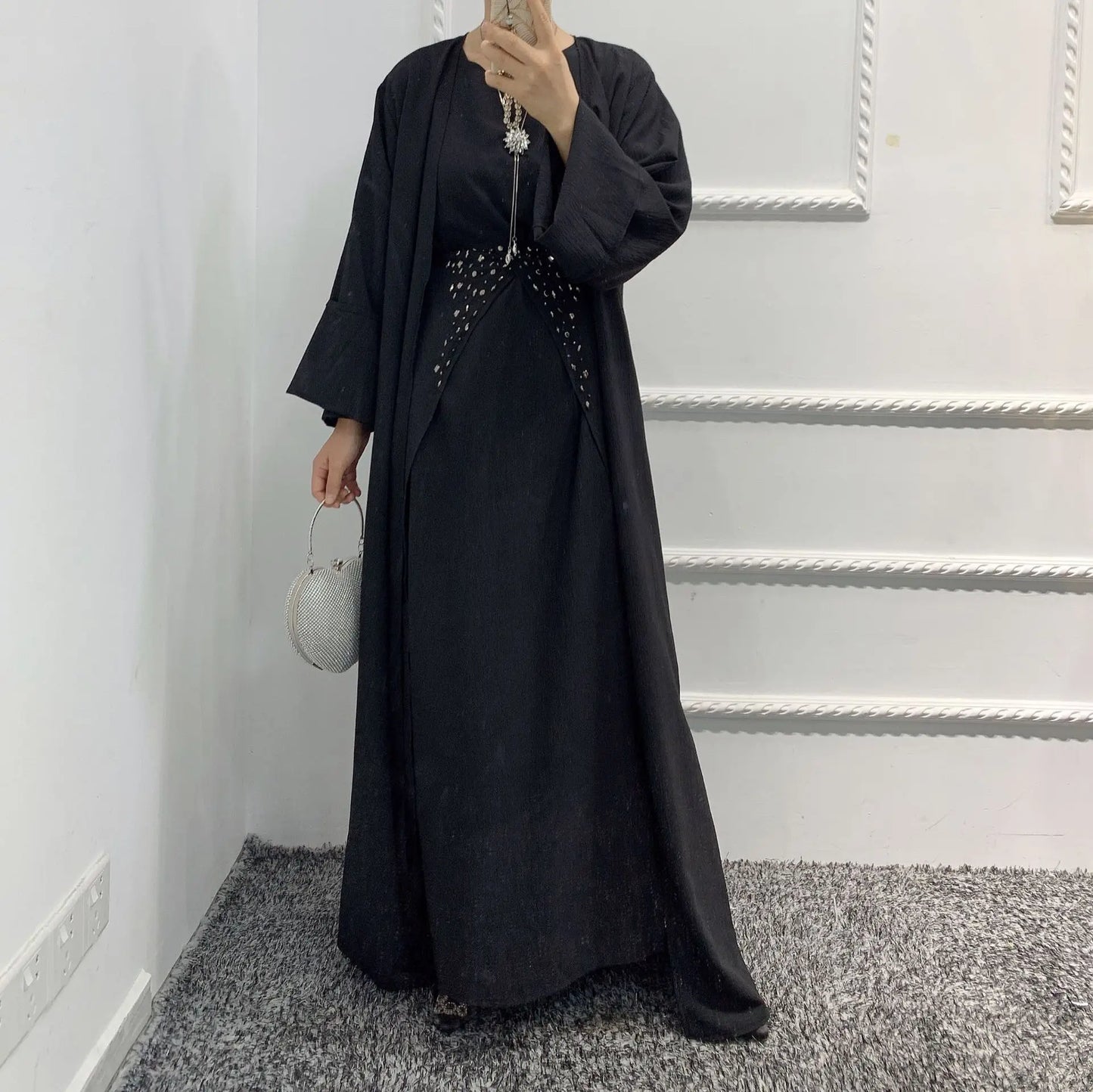 Fashion Muslim Kimono Abaya Cardigan Ramadan Dubai Turkey Eid Dress Sets for Women Islamic 2 Piece Sets Womens Outfits