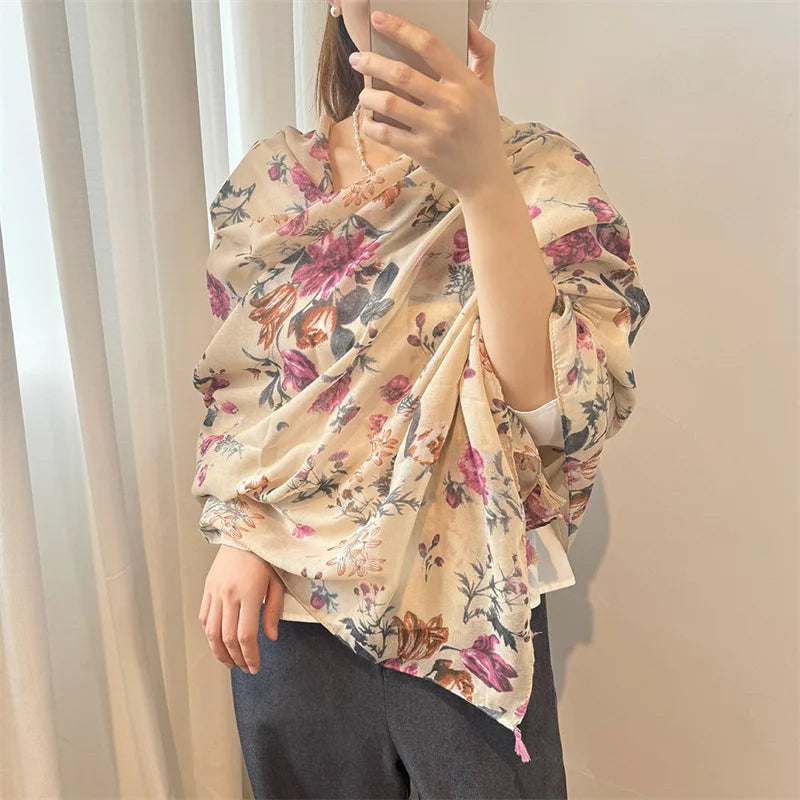 2024 Autumn Fashion Poppy Floral Tassel Viscose Shawl Scarf Lady High Quality Wrap Pashmina Stole Bufandas Muslim Hijab 180*90Cm