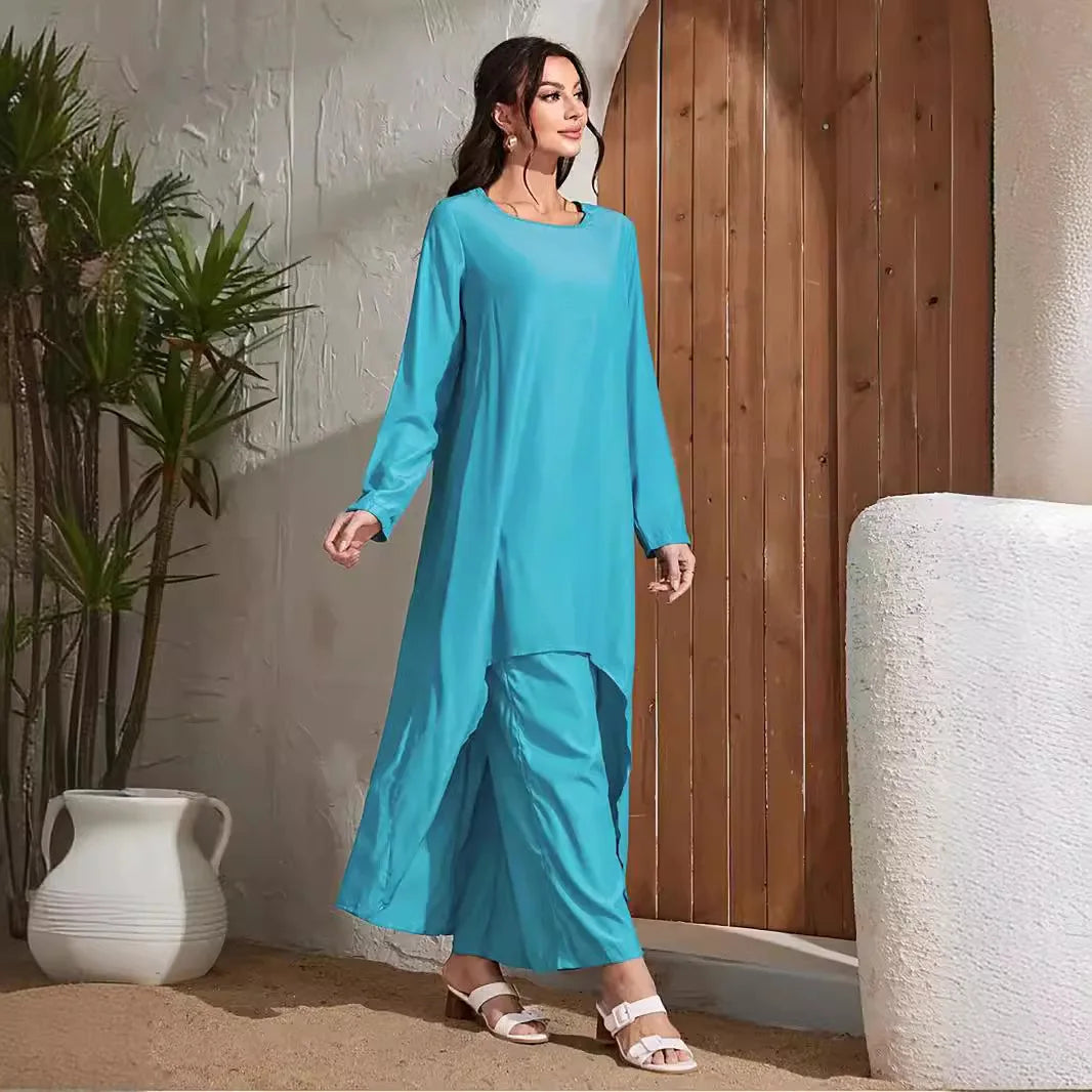 Women Muslim Matching Set Long Tops Wide Leg Pants 2 Pieces Set Suit Turkey Arabic Robe Islam Outfits Dubai Abaya Dress Trousers