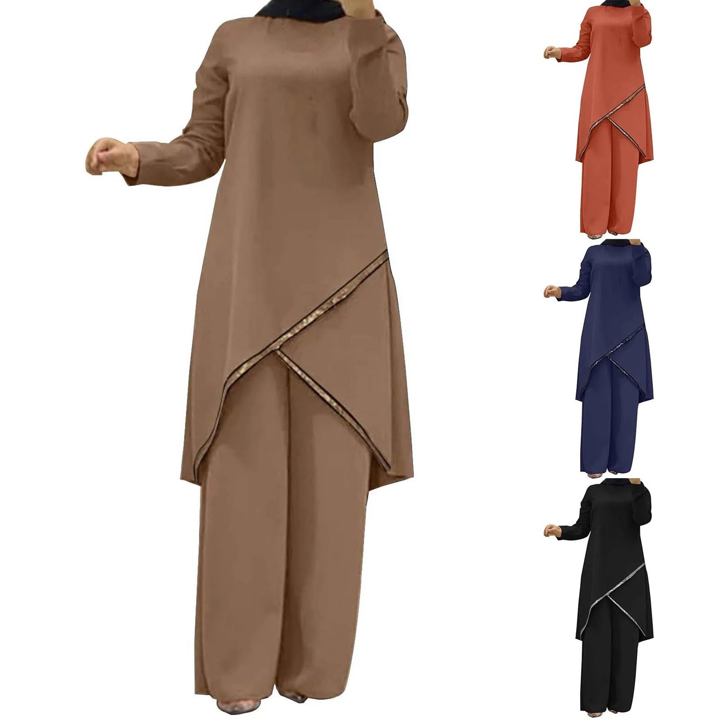 Women Loose Matching Sets 2025 New Muslim Long Sleeve Blouse Abaya Suits Sequins Islamic Clothing 2PCS Fashion Urban Tracksuit